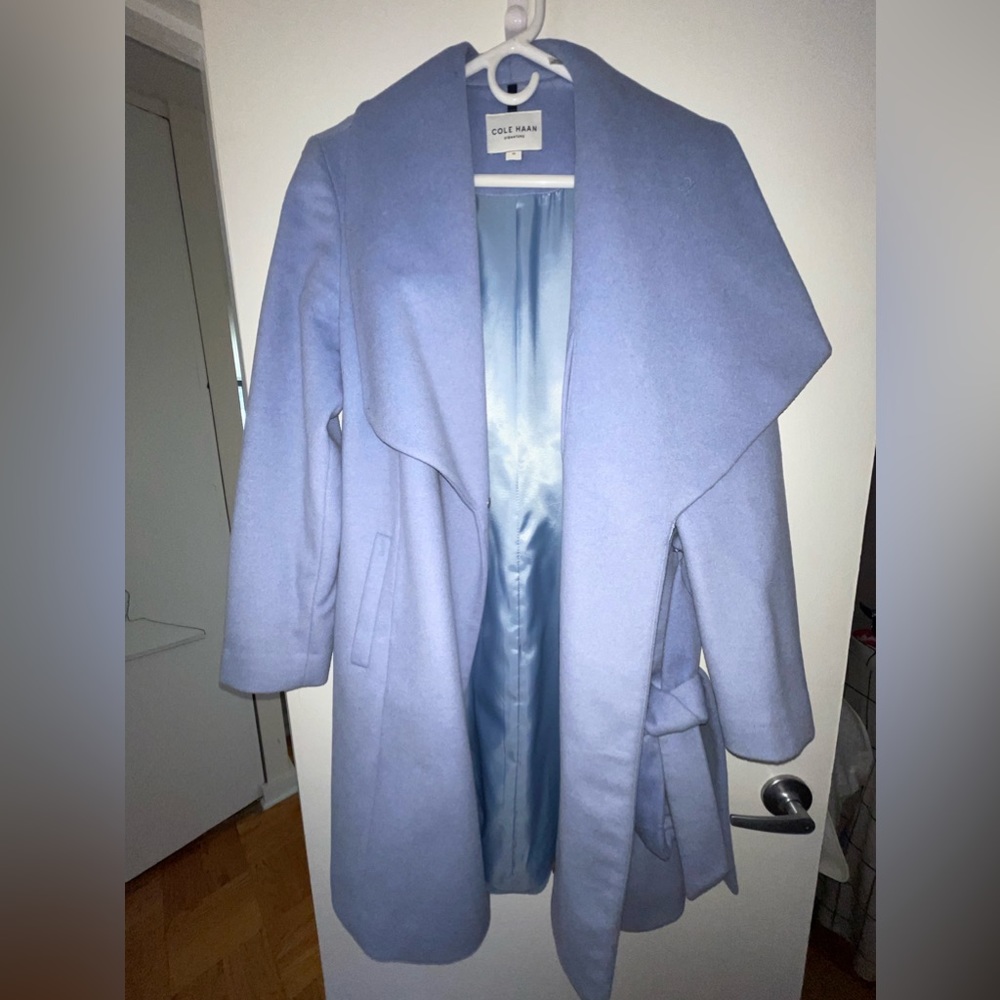 Baby blue wrap coat with button